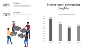 Project report slide with a teamwork illustration on the left, percentage statistics, and a four-bar chart on the right.
