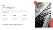 Company introduction slide with a timeline section in red and a high-rise glass building photo in black and white.