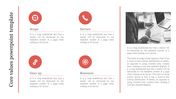 Core values PowerPoint template featuring sections with red circular icons and descriptive text.