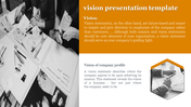 Vision presentation template showcasing collaborative workspace and vision statement details with a vibrant orange theme.