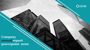 Annual report slide with a monochrome city image, teal diagonal shapes, and company branding in the top corner.