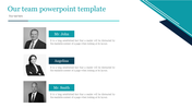 Business team introduction slide featuring three professional portraits with teal name tags and placeholder text.
