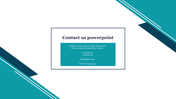 Contact Us slide with address, phone numbers, email, and website details in a teal box.