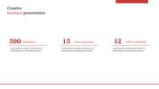 Modern business summary template with a focus on company growth, using a balanced white and red color scheme.