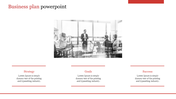 Business plan PPT slide with a grayscale image of a corporate meeting and sections for strategy, goals, and success.