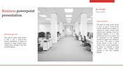 Business presentation slide with a monochrome image of office space and sections for business growth and client projects.