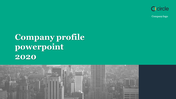 Company profile slide with a green banner, bold white text, cityscape background, and a company logo in the top right.