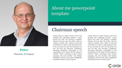 About me slide with a chairman's photo on the left, a green header, speech text on the right, and a company logo.