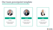 Our team PPT slide displays portraits of John, Smith, and Susi, with Lorem Ipsum placeholder text.