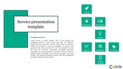 Service slide featuring teal square shapes with icons aligned to the right, and text placeholders on the left.
