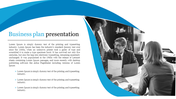 Business plan slide featuring a meeting with a team discussing documents, framed with abstract blue shapes.