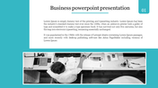 Modern business slide with a structured layout, a numbered teal label, and a black-and-white image of a desk with documents.