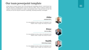 Team introduction slide with three portraits in hexagonal frames and roles listed, on a white and teal backdrop.