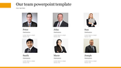Team introduction slide with six professional headshots, names, roles, and a minimalistic design with yellow accents.