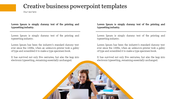Creative business PowerPoint template with a woman working on a laptop, surrounded by placeholder text sections.
