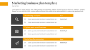 Marketing business plan slide with sections, each featuring an icon, title, checklist, and information in orange headers.