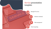 Service presentation slide with a red key on a keyboard, four red circular icons with labels, and curved design elements.