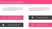 Vision and mission slide with a pink header, two text sections, and four rectangular blocks with icons.