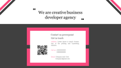 Contact information slide with a QR code and company details with placeholder text.