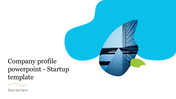 Company profile slide with a modern skyscraper image inside an abstract blue and green design element.