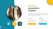 Portfolio template slide featuring a circular cityscape image, bold typography, and two call-to-action buttons.