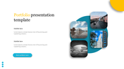 Portfolio template with a blue circular plateform featuring four architectural visuals and a yellow accents on the corner.