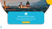 Building slide featuring a cityscape of Florence, Italy, with a blue box containing a house icon, text, and a yellow button.