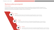 Business plan PowerPoint slide with a V shaped layout, displaying process, target, and growth steps.