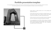 Portfolio template design with a grayscale image of a modern building, a title on top, and placeholder text on the right. 