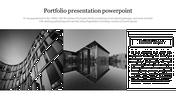 Portfolio PowerPoint slide with black and white images of modern architecture and a section titled build view.