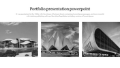 Portfolio slide with three grayscale architectural images in a row beneath the title and a brief introductory text.