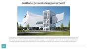 Modern architectural building with a unique, curved design with large glass panels, shown in a portfolio slide.