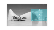 Thank you slide with a grayscale modern building background, bold black text, and a turquoise contact details box.