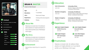 Portfolio slide for a graphic and web designer, showcasing from contact information to educational  background.