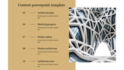 Content PowerPoint template showcasing sections like from architecture plan to view with a modern architectural image.
