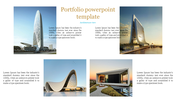 Professional portfolio slide featuring four futuristic building images, a bold title, and structured descriptive text.