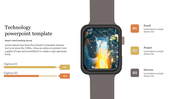 Technology slide with a smartwatch mockup displaying augmented reality, a text section on the left, and progress bars.