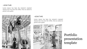 Portfolio presentation template with black and white industrial images, a robotic arm, factory workers, and financial figure.