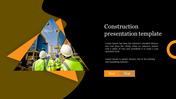 Construction slide featuring an image of workers in safety vests and helmets, with text areas on a dark background.