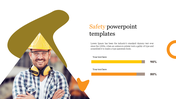 Safety template featuring a smiling construction worker in a hard hat, abstract design elements, and two progress bars.