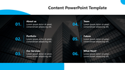 Corporate content slide with a glass building background, blue highlighted numbers, and six evenly text sections.