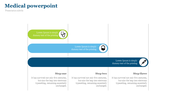 Medical timeline slide with three horizontal bars in green, blue, and dark blue, each featuring an icon and placeholder text.