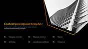 Content slide with a curved skyscraper image in a gold-framed section, title in gold, and six numbered topics below.