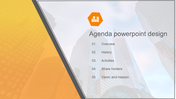 Slide with an orange gradient diagonal bar on the left, and a list of five agenda points, set on a building background.
