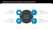 Business slide with a dark gray circle surrounded by four blue hexagons with white icons and captions.