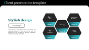 Portfolio presentation slide with five client logos in a colorful hexagonal frame, alongside a section with placeholder text.
