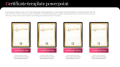 Slide with four certificate templates in a row, each with decorative text, circular seal, and pink labeled text box below.