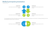 Medical presentation slide featuring arrows, medical icons, and captions with space for detailed text.
