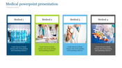 Four colorful blocks in blue, green, teal, and gray with medical images and captions beneath each.