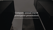 Company annual report slide with a dark toned cityscape background featuring tall skyscrapers and a centered white title.